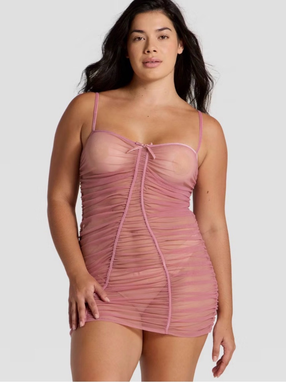 Sheer Ruched Slip Dress in Dusty Rose
